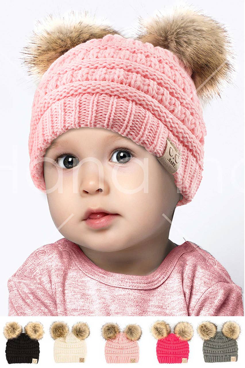 C.C Solid Ribbed Infant Natural Fur Double Pom Pom Beanie