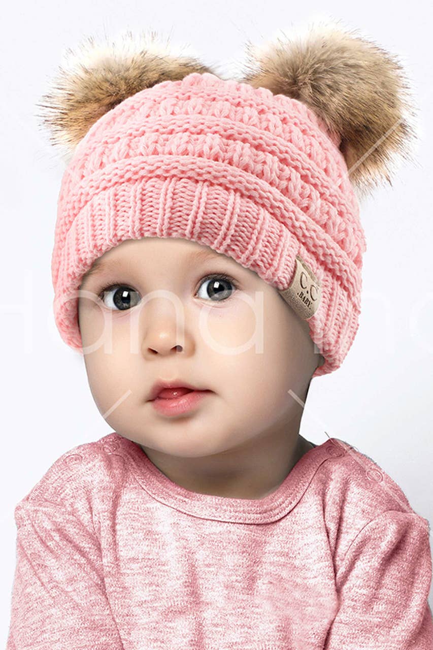 C.C Solid Ribbed Infant Natural Fur Double Pom Pom Beanie