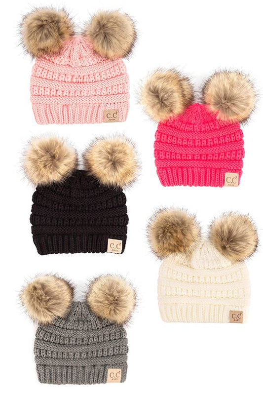 C.C Solid Ribbed Infant Natural Fur Double Pom Pom Beanie