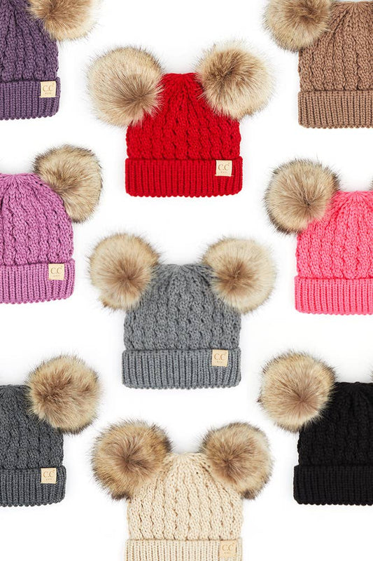 CC Kids Double Pom Pom All Over Cable Beanie