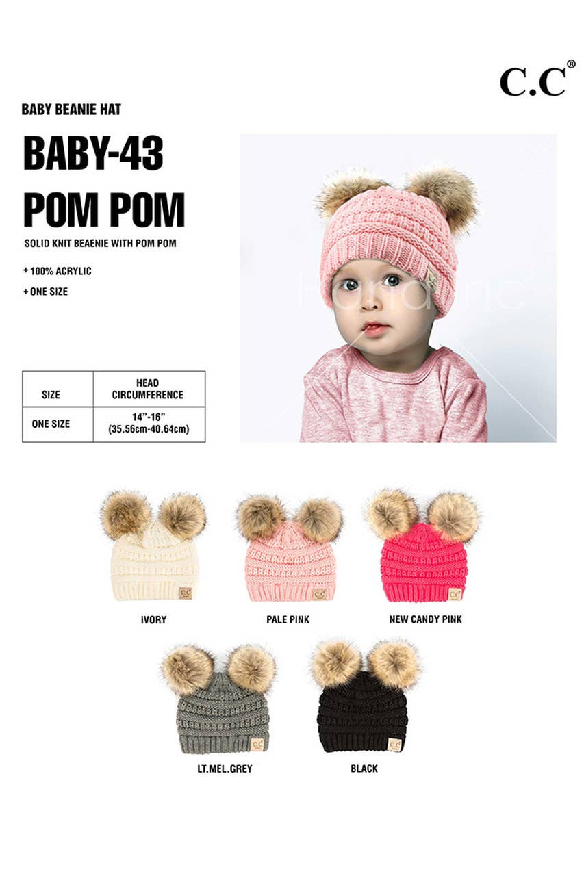 C.C Solid Ribbed Infant Natural Fur Double Pom Pom Beanie