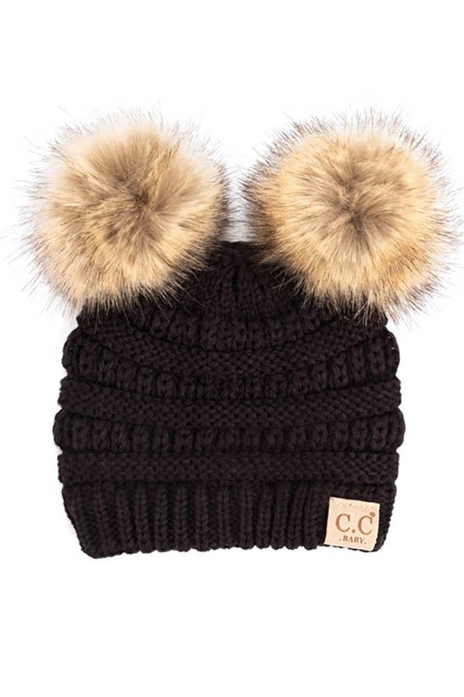 C.C Solid Ribbed Infant Natural Fur Double Pom Pom Beanie